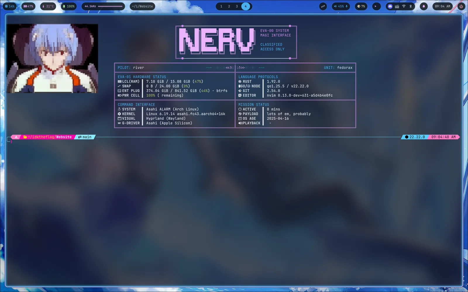 terminal + fastfetch (NERV layout)